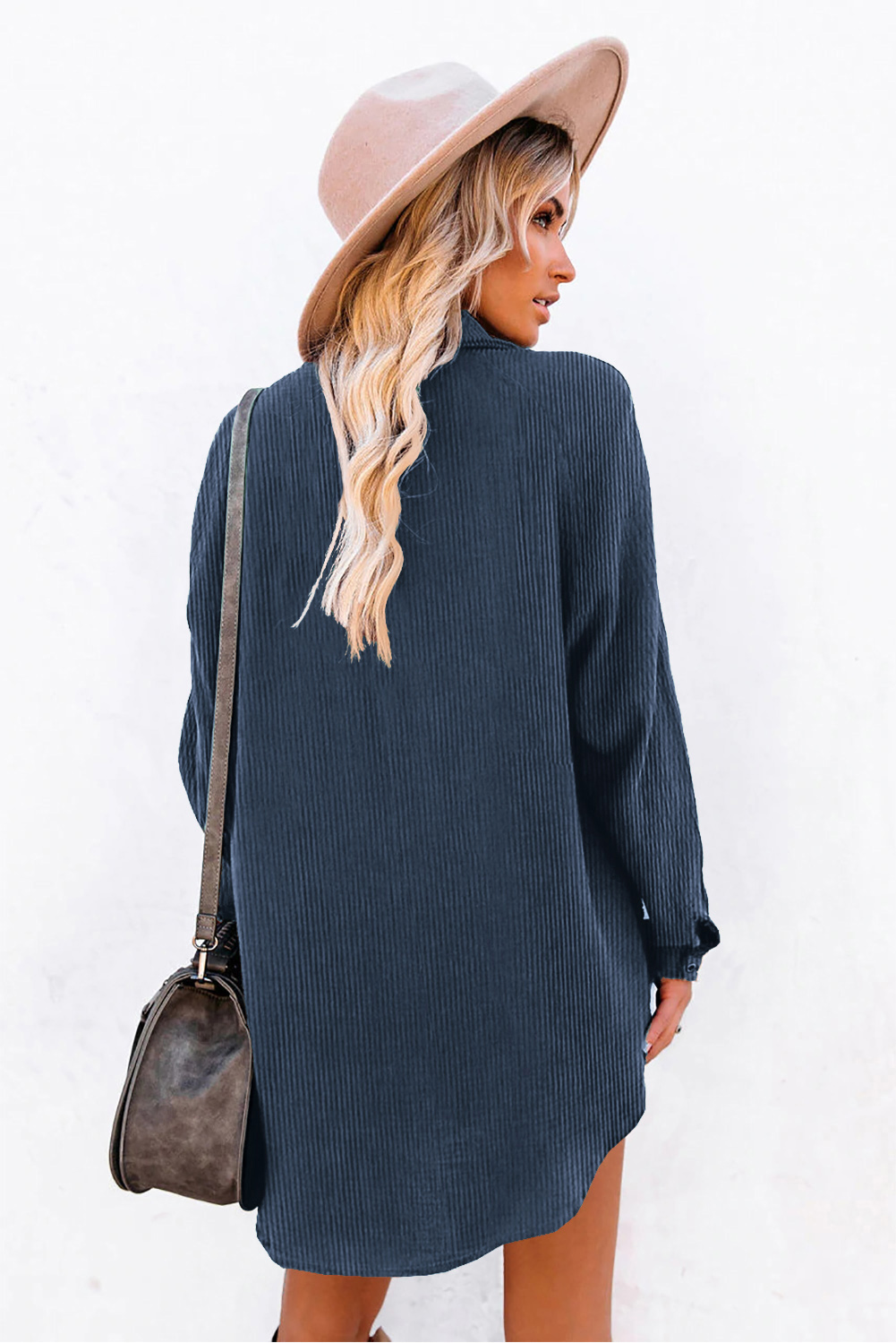 Chic and Cozy Blue Corduroy Mini Dress - Classic Shirt Style for Fall - Detail View 2