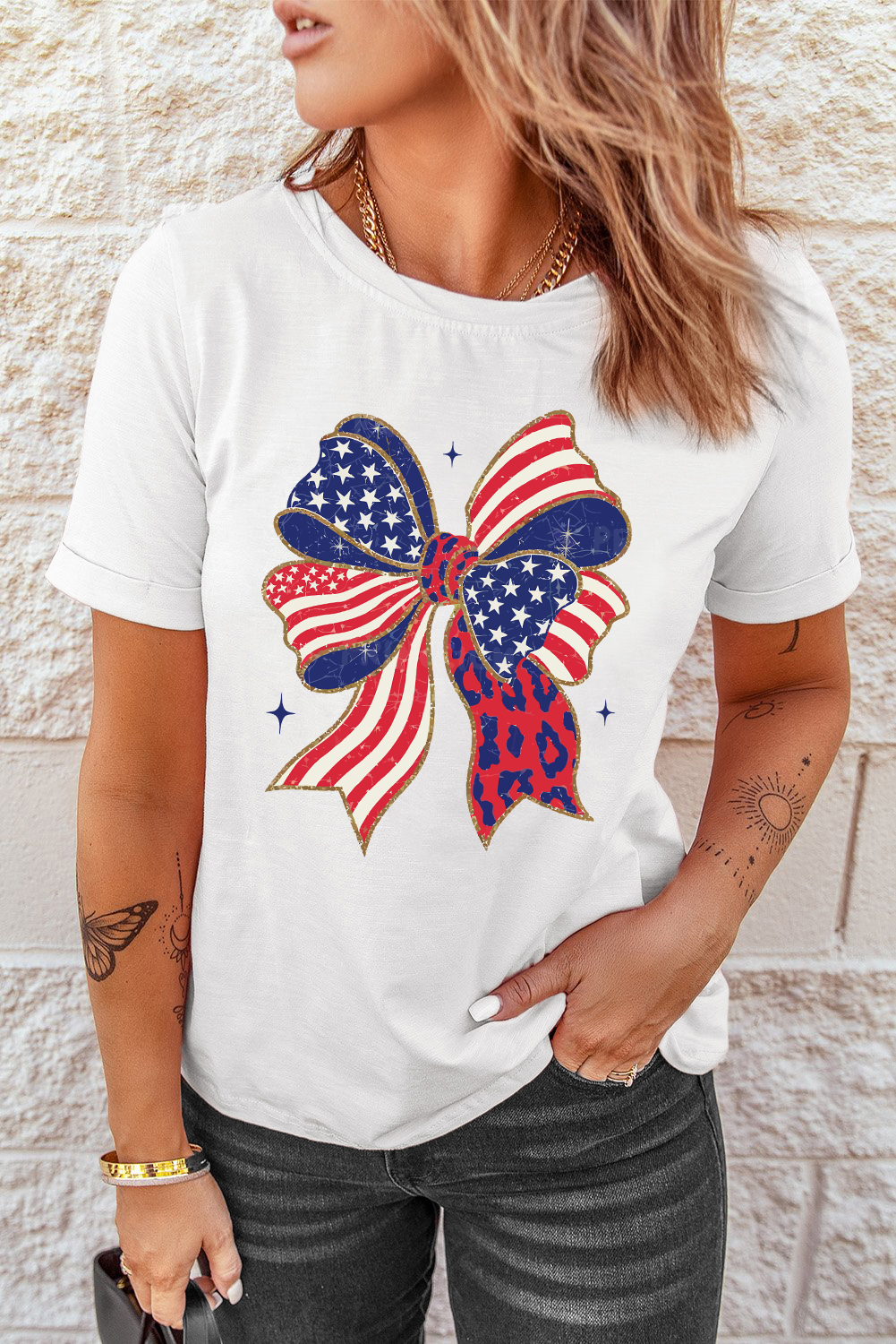 Women's Patriotic White Stars and Stripes Bow Print T-Shirt for 4th of July - Detail View 9