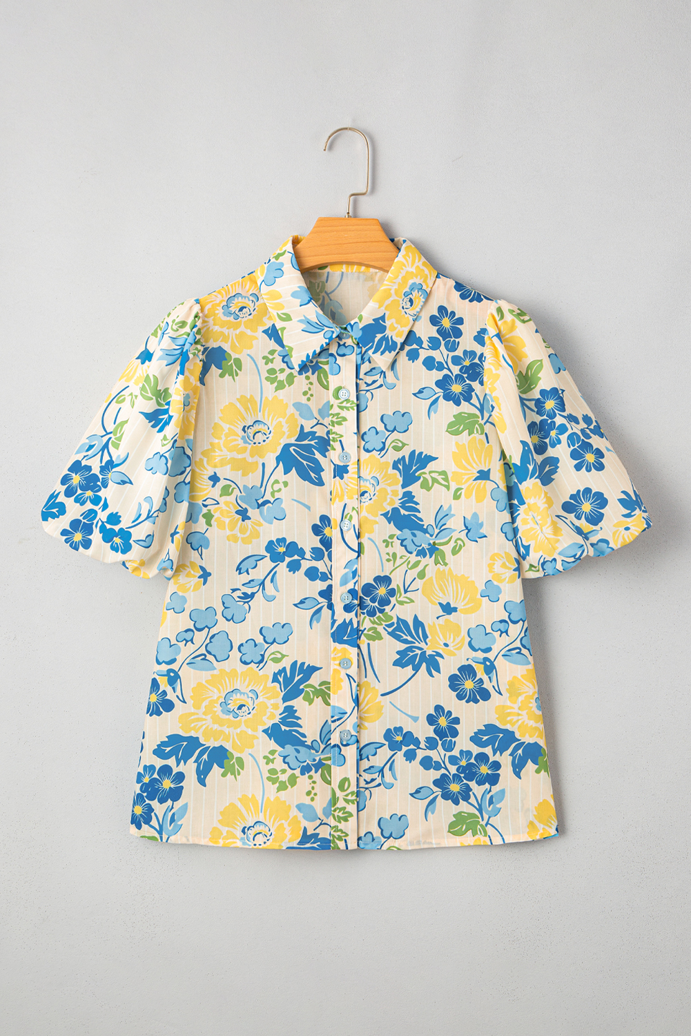 Charming Summer Blouse with Balloon Sleeves and Collared Neck - Blue Floral Print - Detail View 10