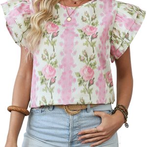 Charming Women's Pink Floral Print Ruffled Sleeve Summer Top - Main View