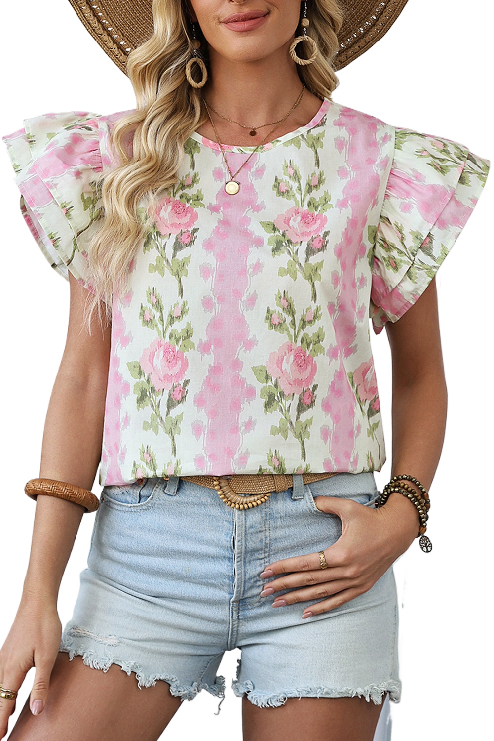 Charming Women's Pink Floral Print Ruffled Sleeve Summer Top - Main View