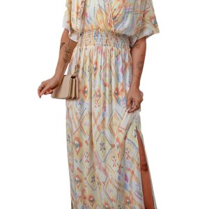 Women's Multicolour Geometric Print Half Sleeve Shirred High Waist Maxi Dress - Main View