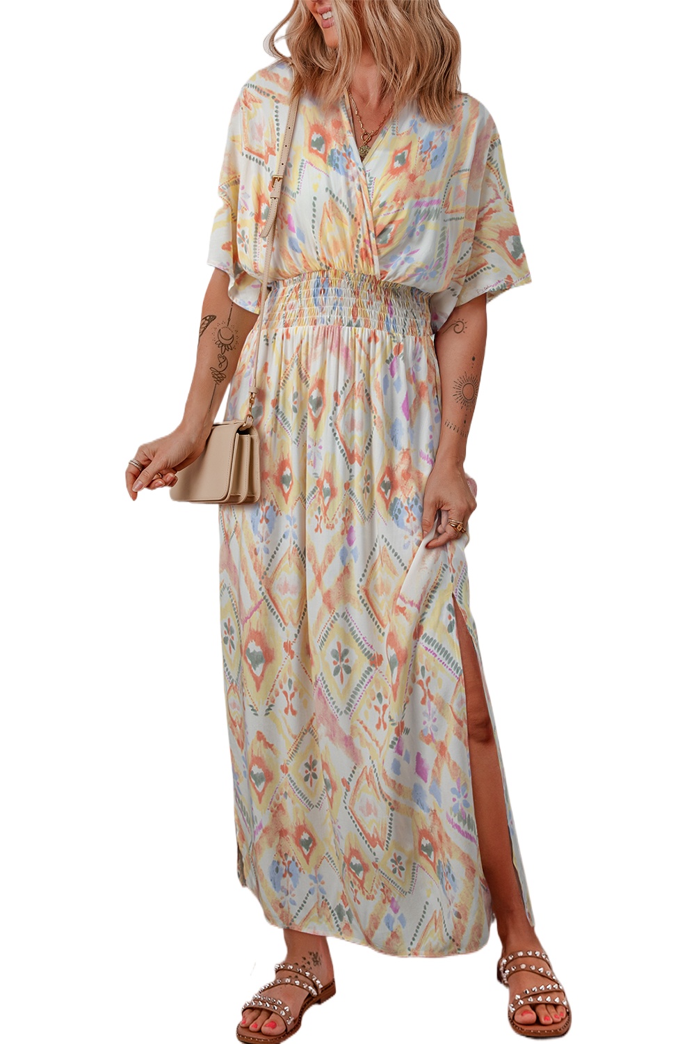Women's Multicolour Geometric Print Half Sleeve Shirred High Waist Maxi Dress - Main View