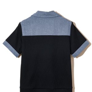 Women's Color Block Polo Top – Waffle Knit Denim Patchwork Shirt, Casual Short Sleeve - Main View