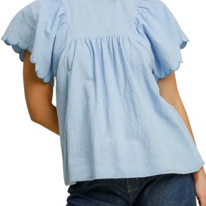 Women's Beau Blue Solid Color Blouse with Embroidered Scalloped Sleeves - Main View