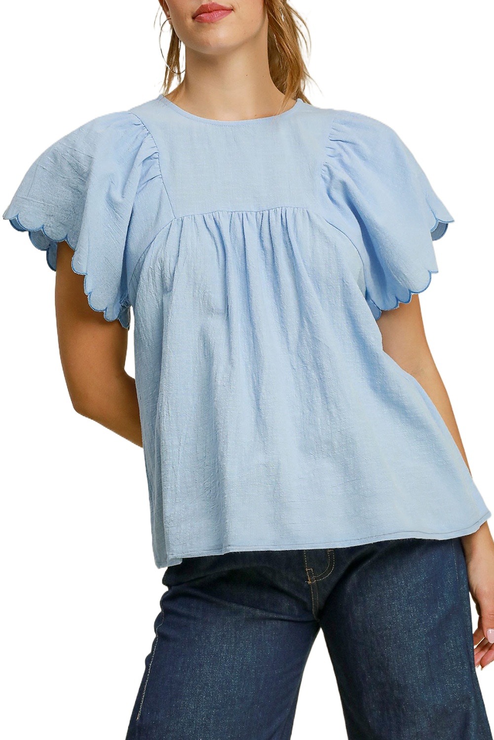 Women's Beau Blue Solid Color Blouse with Embroidered Scalloped Sleeves - Main View