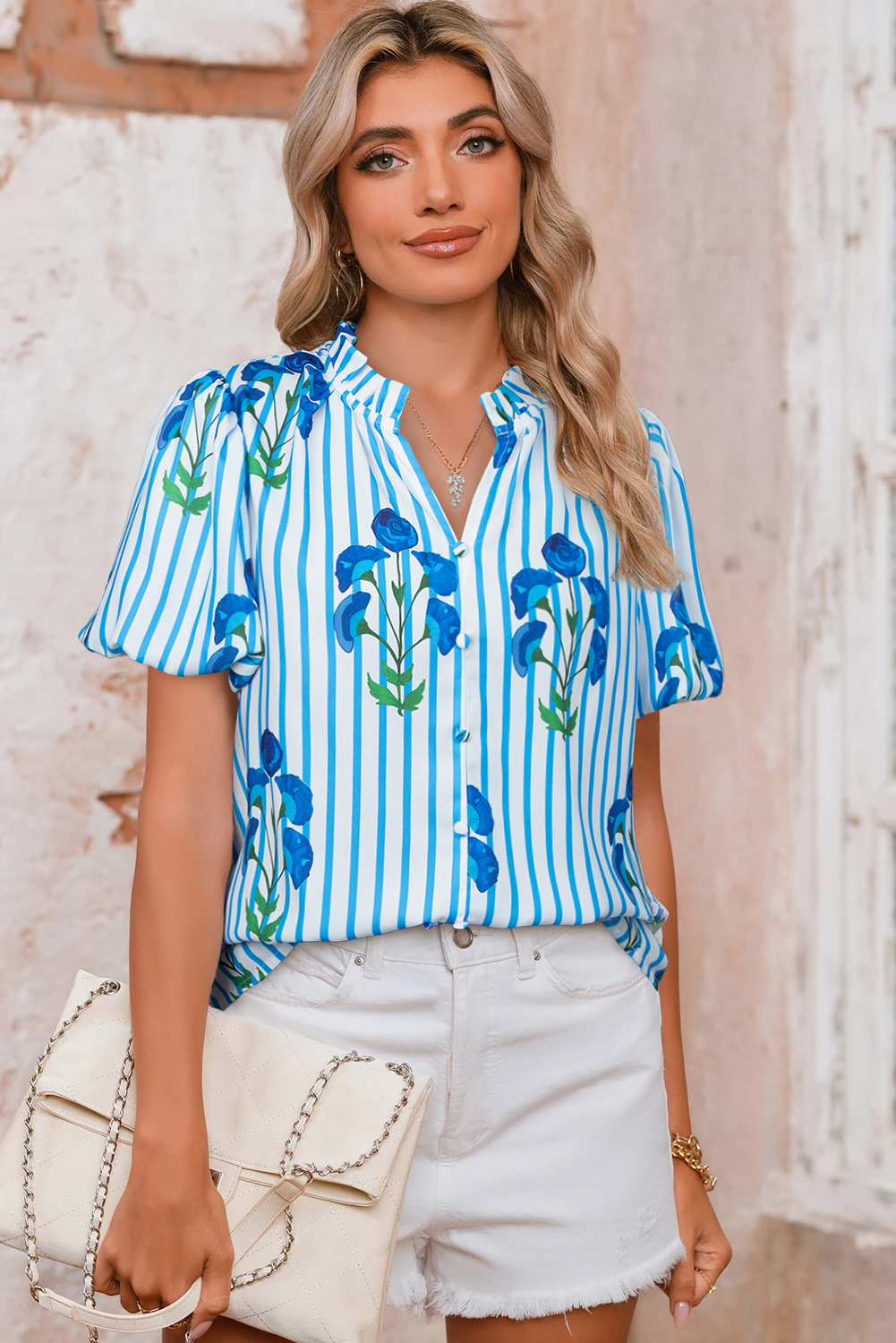 Casual Sky Blue Striped Floral Blouse - Perfect for Summer Days and Evenings - Detail View 3