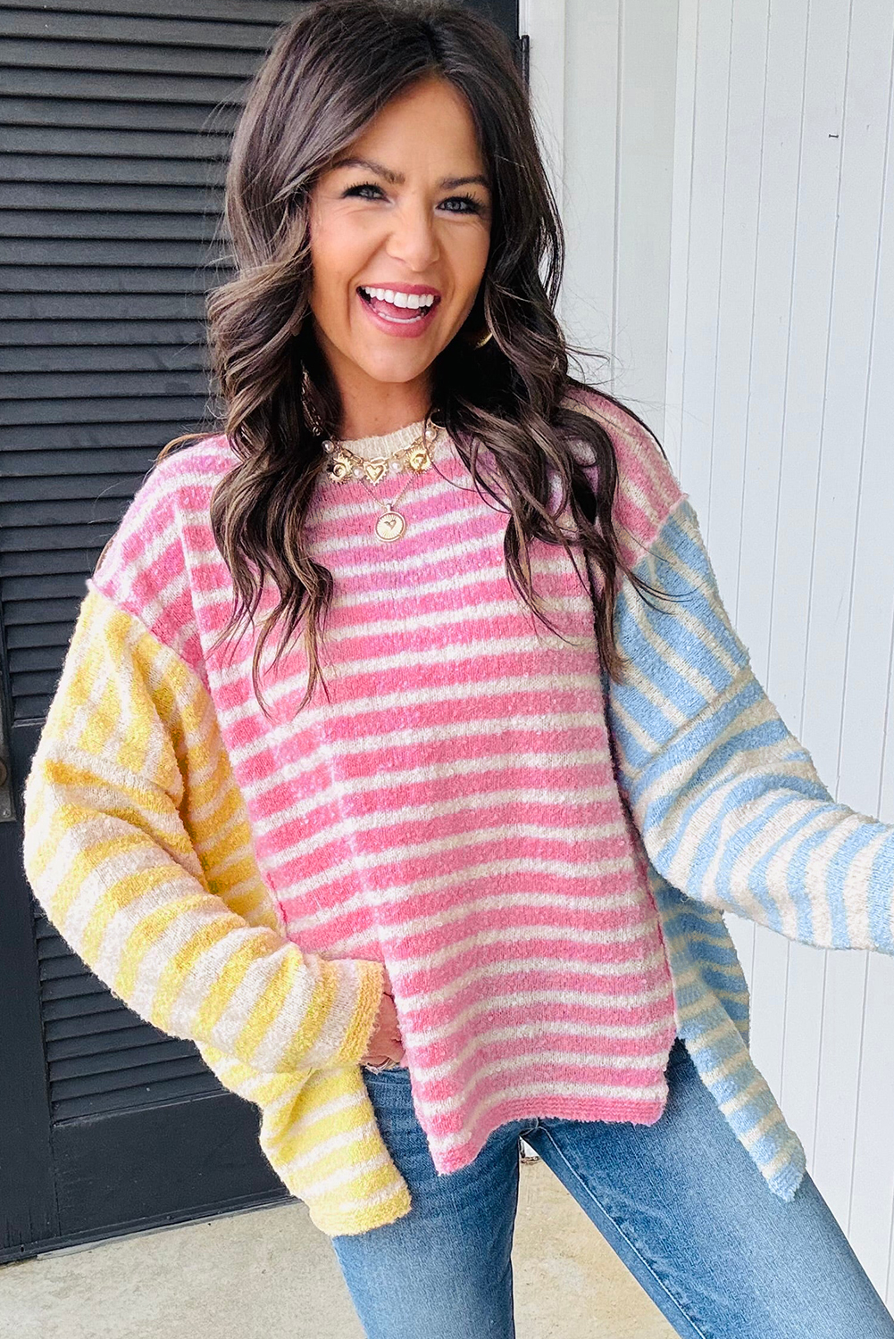 Women's Sweater, Multicolour, Color Block, Striped, Dolman Sleeve, Slit Design, Casual Style, Daily Wear, Fall Fashion, Cozy Pullover, Quality Acrylic, Long Sleeve Top, Patchwork Pattern, Comfortable Fit - Detail View 16