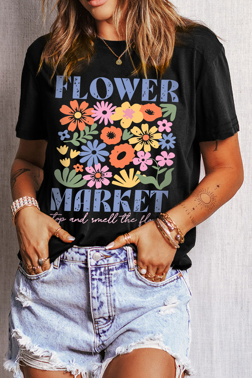 Women's Black FLOWER MARKET Graphic T-Shirt - Vintage Floral Design - Detail View 5
