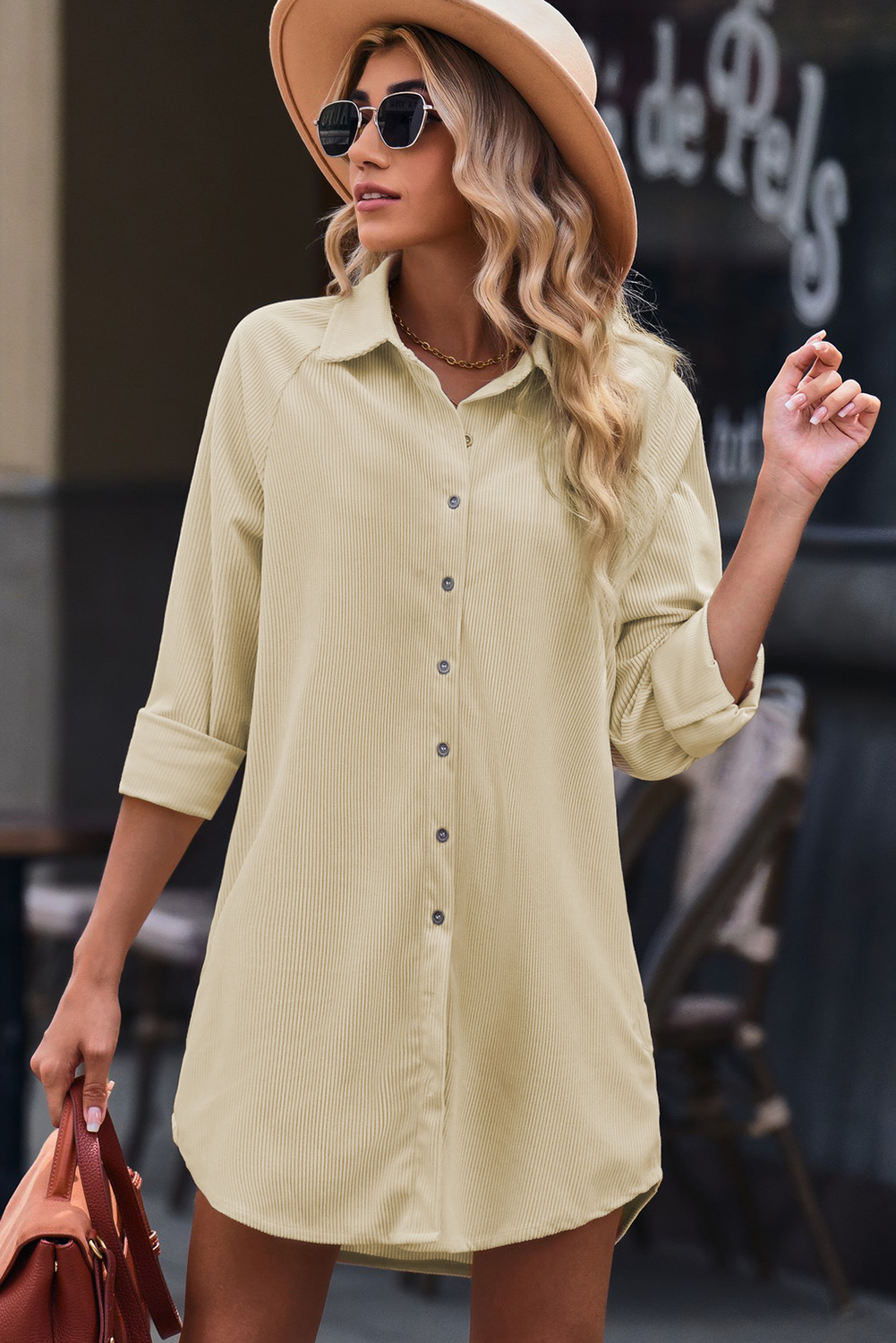 Women's Beige Corduroy Shirt Style Full Button Long Sleeve Shift Mini Dress - Detail View 9