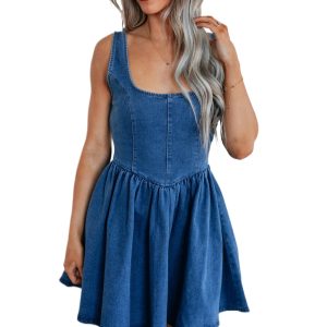 Women's Sail Blue Square Neck Bowknot A-Line Sleeveless Denim Dress - Main View