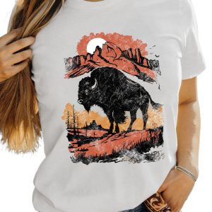 Women's White Western Buffalo on Plains Graphic Crew Neck Tee - Main View