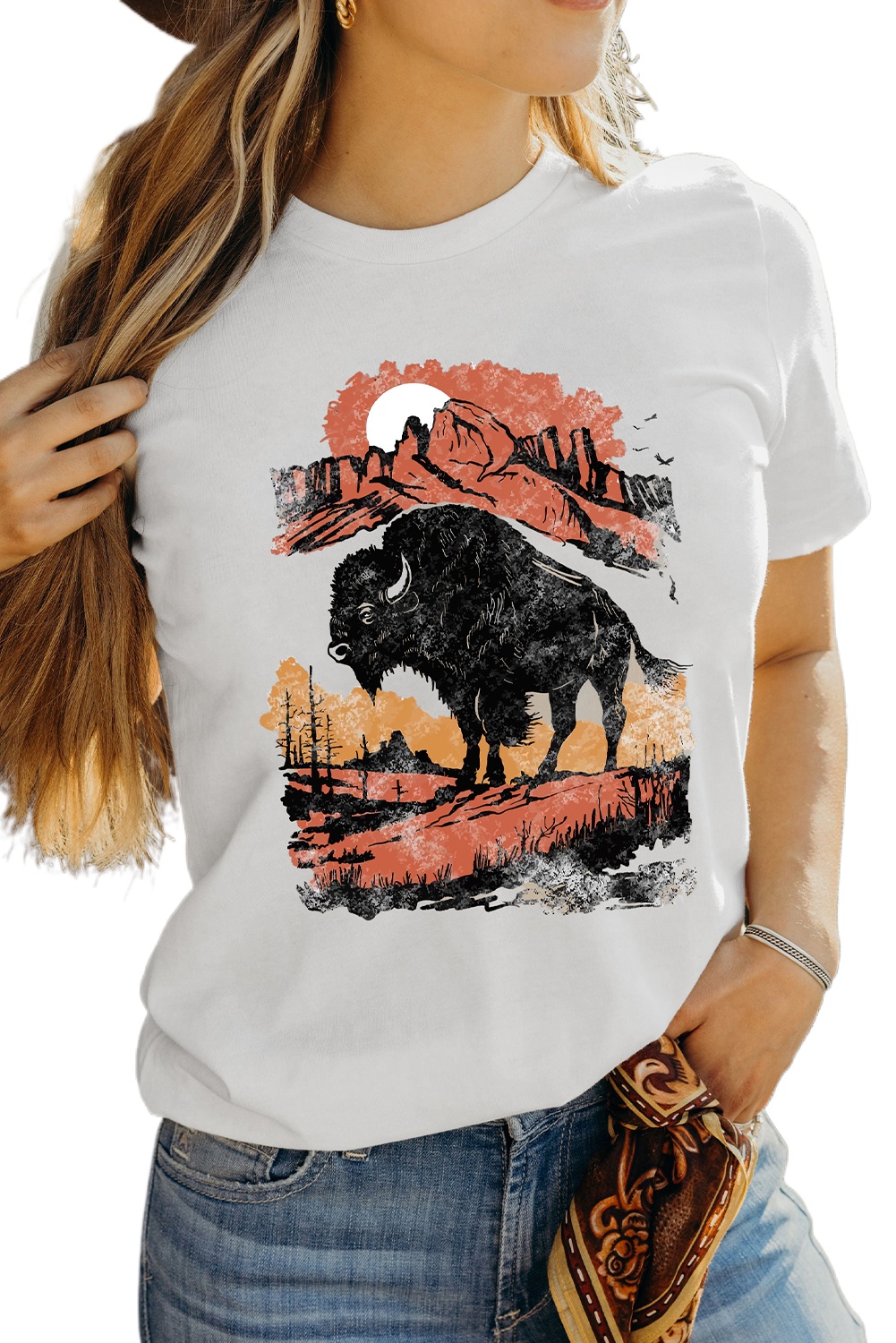 Women's White Western Buffalo on Plains Graphic Crew Neck Tee - Main View
