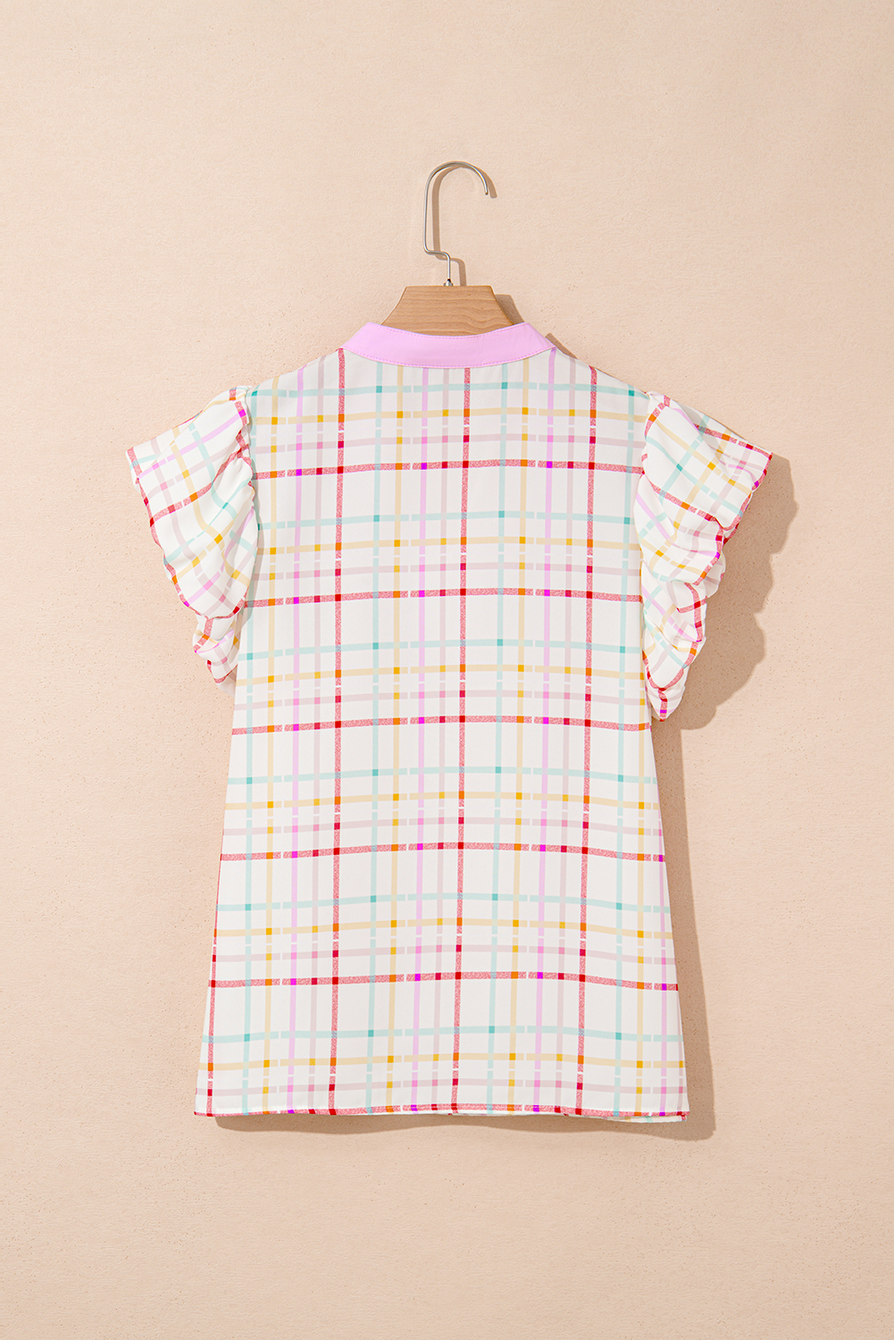 Trendy Summer V Neck Blouse - White Plaid with Charming Ric Rac Accents - Detail View 6