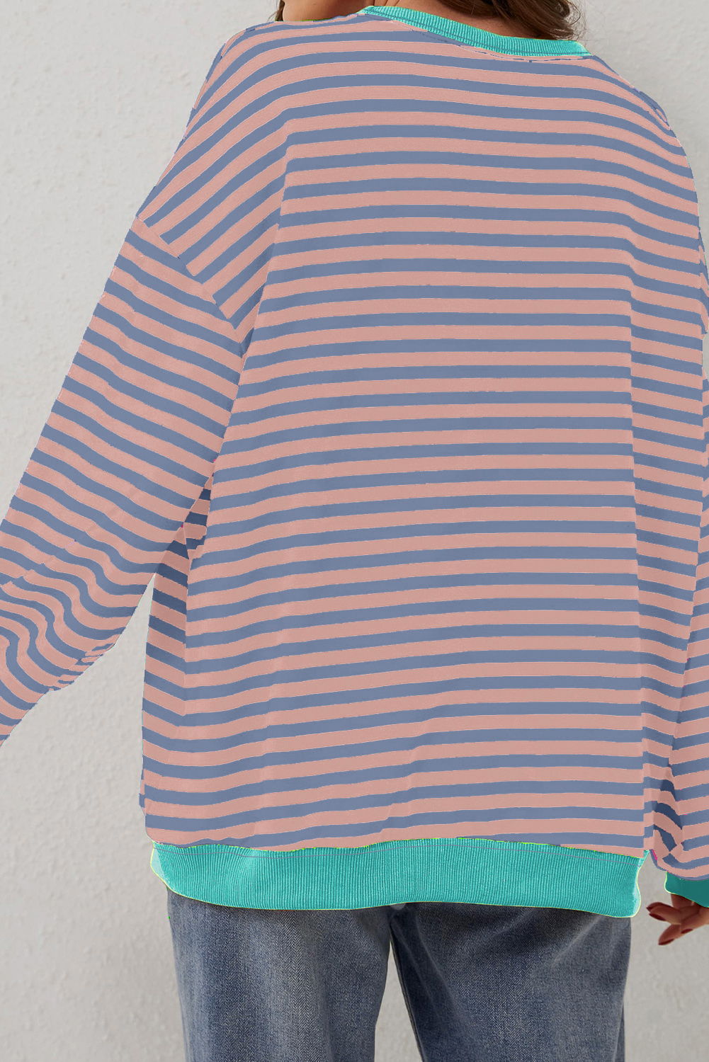 Women's Racing Red Striped Contrast Ribbed Trim Drop Shoulder Sweatshirt - Detail View 9