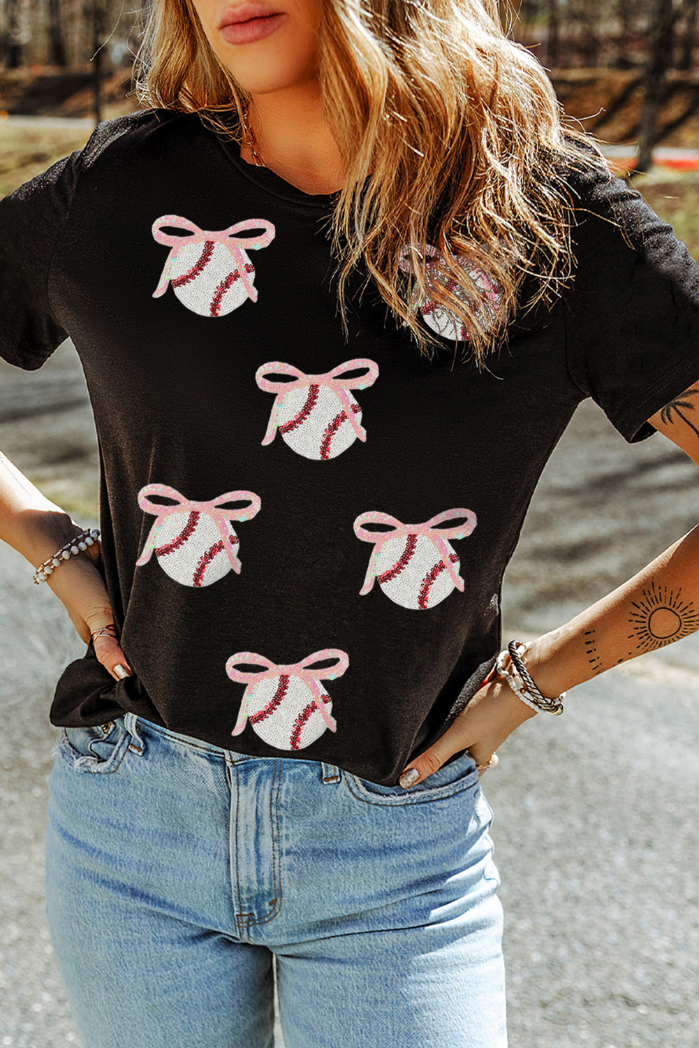 Women's Black Shimmering Sequin Bow Ball Patterned Casual Game Day Tee - Detail View 9