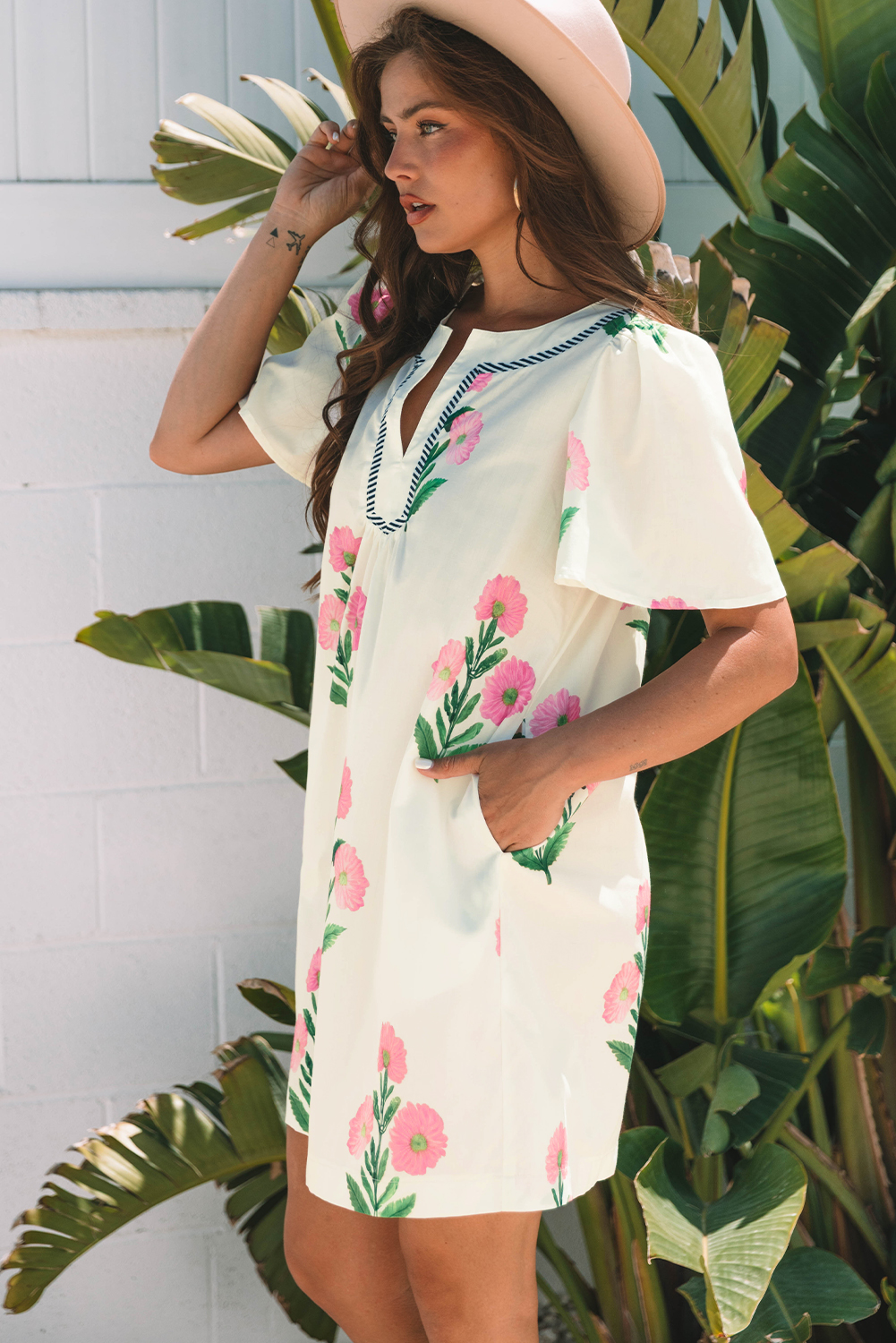 Casual Apricot Mini Dress with Split Neck Design - Perfect for Daily Wear and Vacations - Detail View 3
