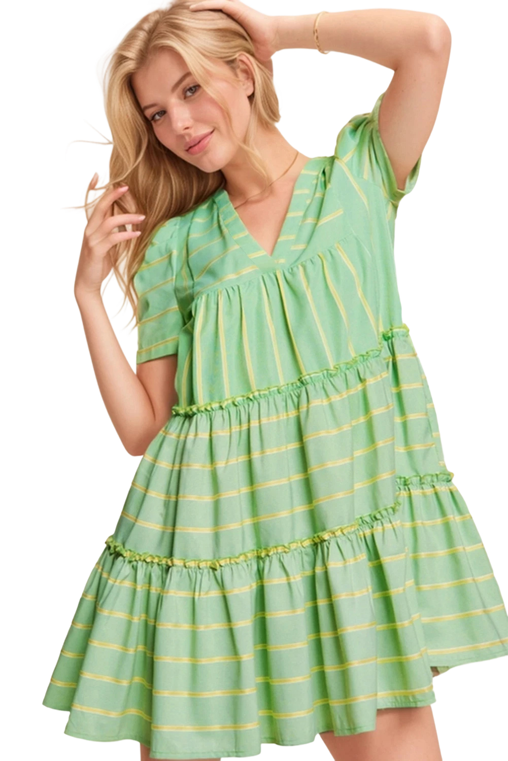 Women's Green Stripe V Neck Short Sleeve A-Line Dress with Frilled Details - Detail View 13