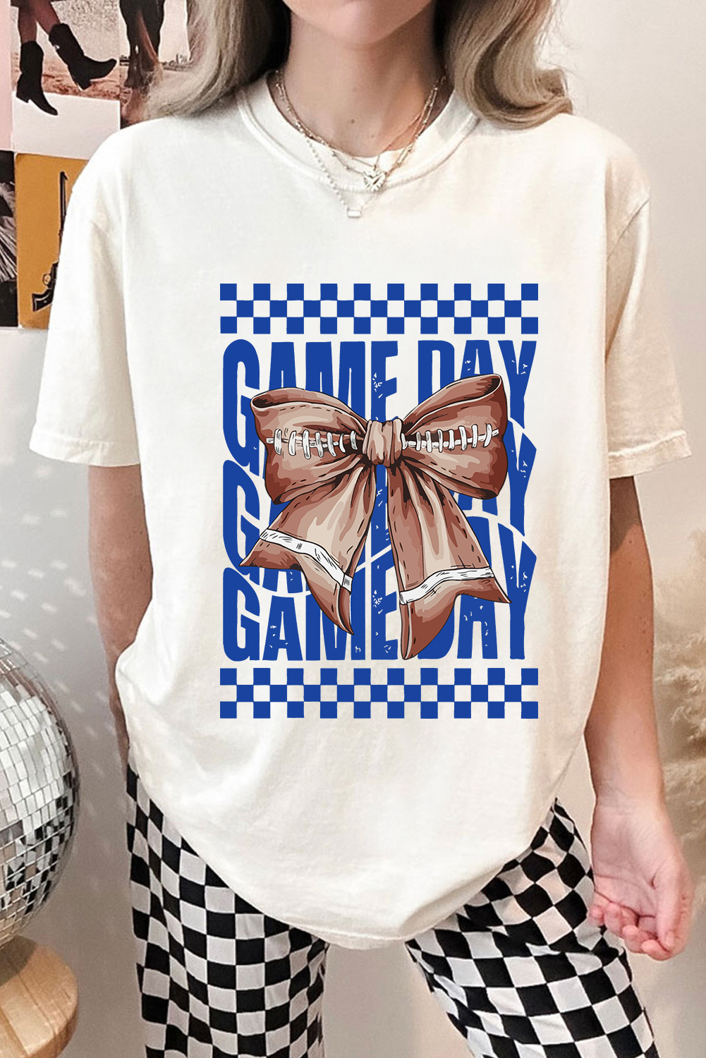 Stylish Game Day Slogan Tee for Women - Soft Cotton Blend with Bowknot Detail - Detail View 6