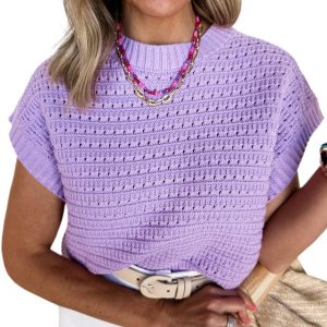 Elegant Women's Lavendula Pointelle Knit Short Sleeve Sweater with Ribbed Trim - Main View