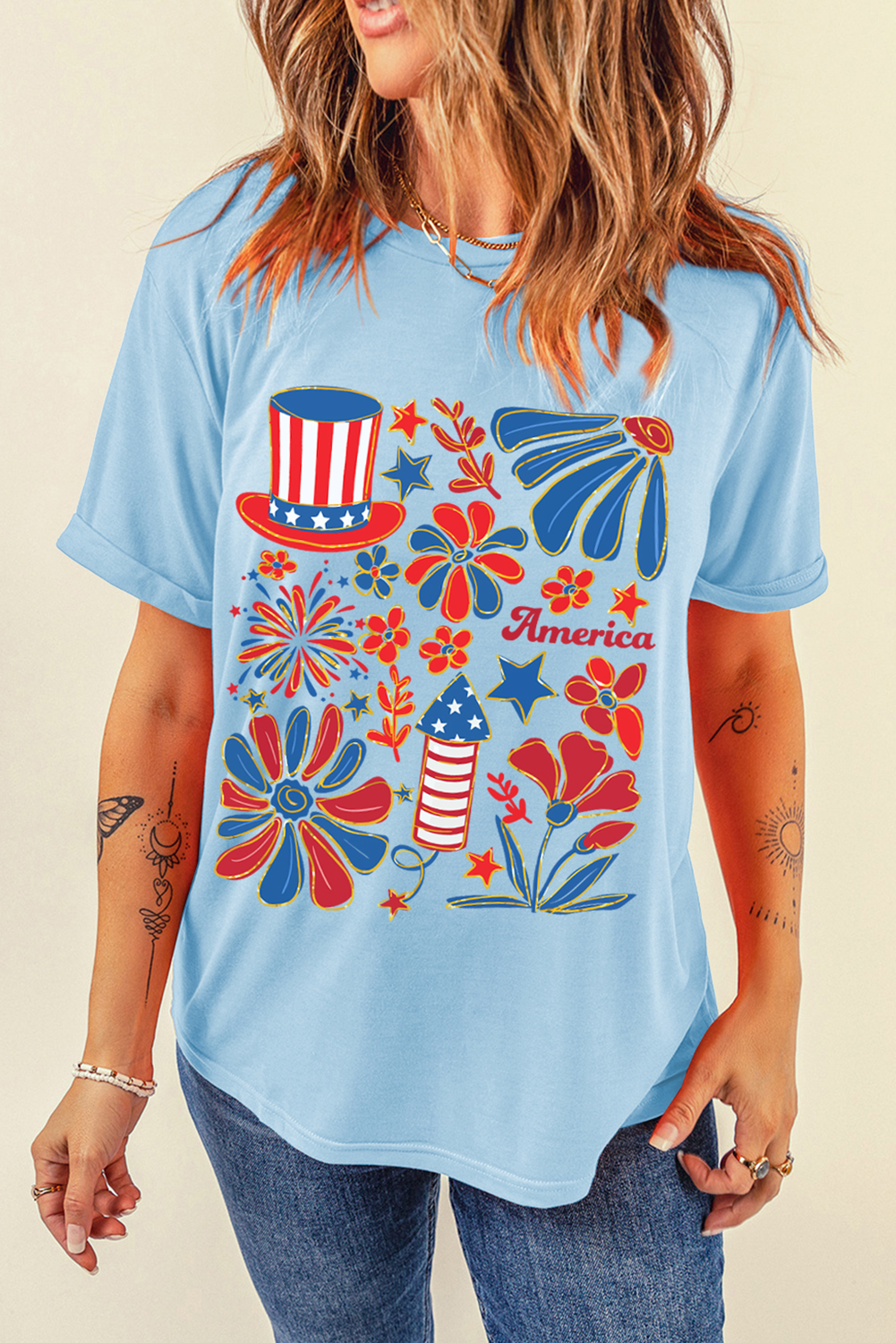 Vibrant Light Blue Round Neck Tee - Perfect for July 4th Parades and Festivities - Detail View 7