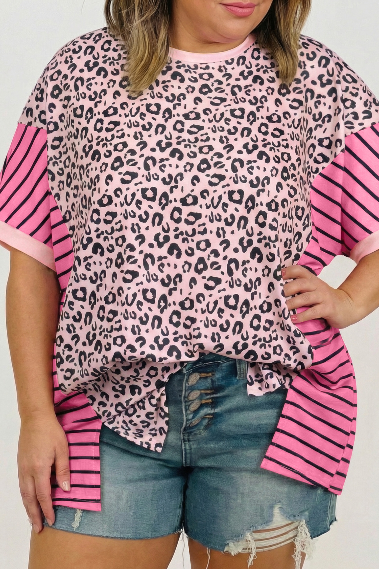 Casual Pink Leopard Striped T-Shirt for Women – Comfortable Round Neck Shift Tee - Detail View 2