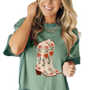 Women's Smoke Green Floral Boots Printed Raw Seam Patchwork Tee - Main View