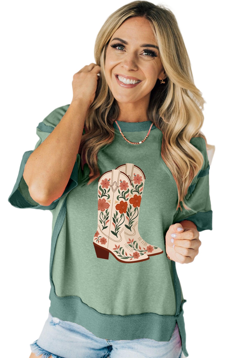 Women's Smoke Green Floral Boots Printed Raw Seam Patchwork Tee - Main View
