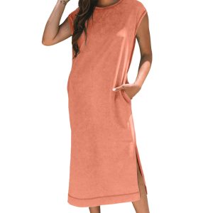 Women's Carrot Mineral Wash Long Pocketed T-Shirt Dress with Side Slits - Main View