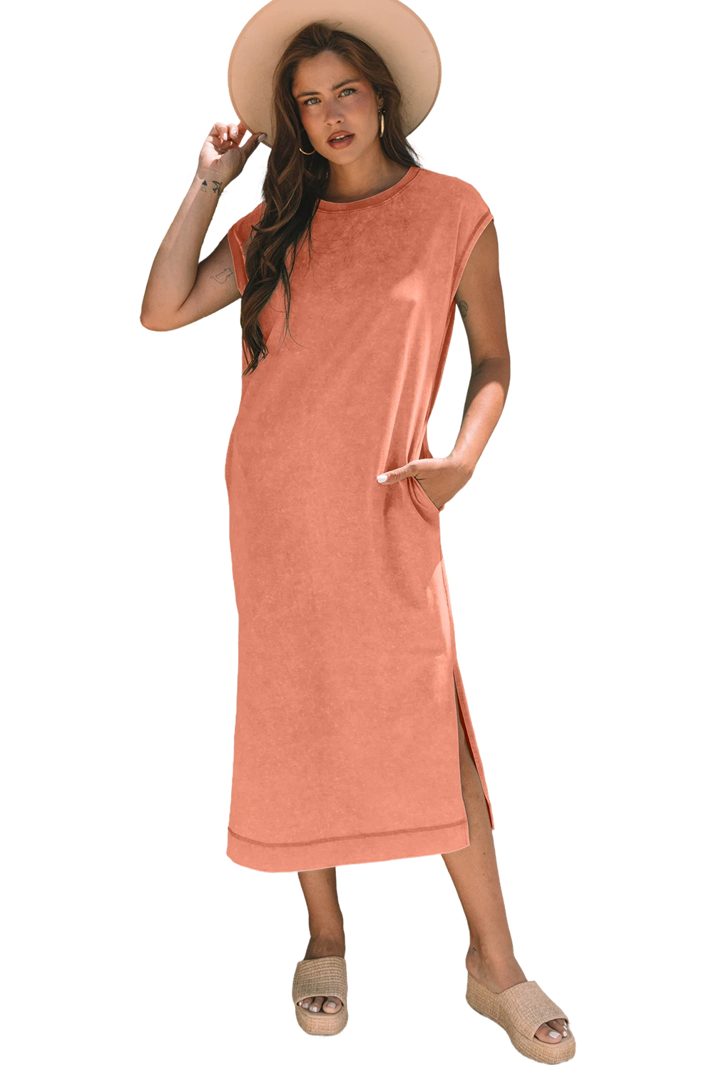 Women's Carrot Mineral Wash Long Pocketed T-Shirt Dress with Side Slits - Main View