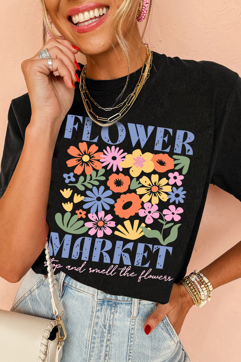 Casual Oversized Black Tee with Boho Floral Print - Perfect for Flower Lovers - Detail View 2