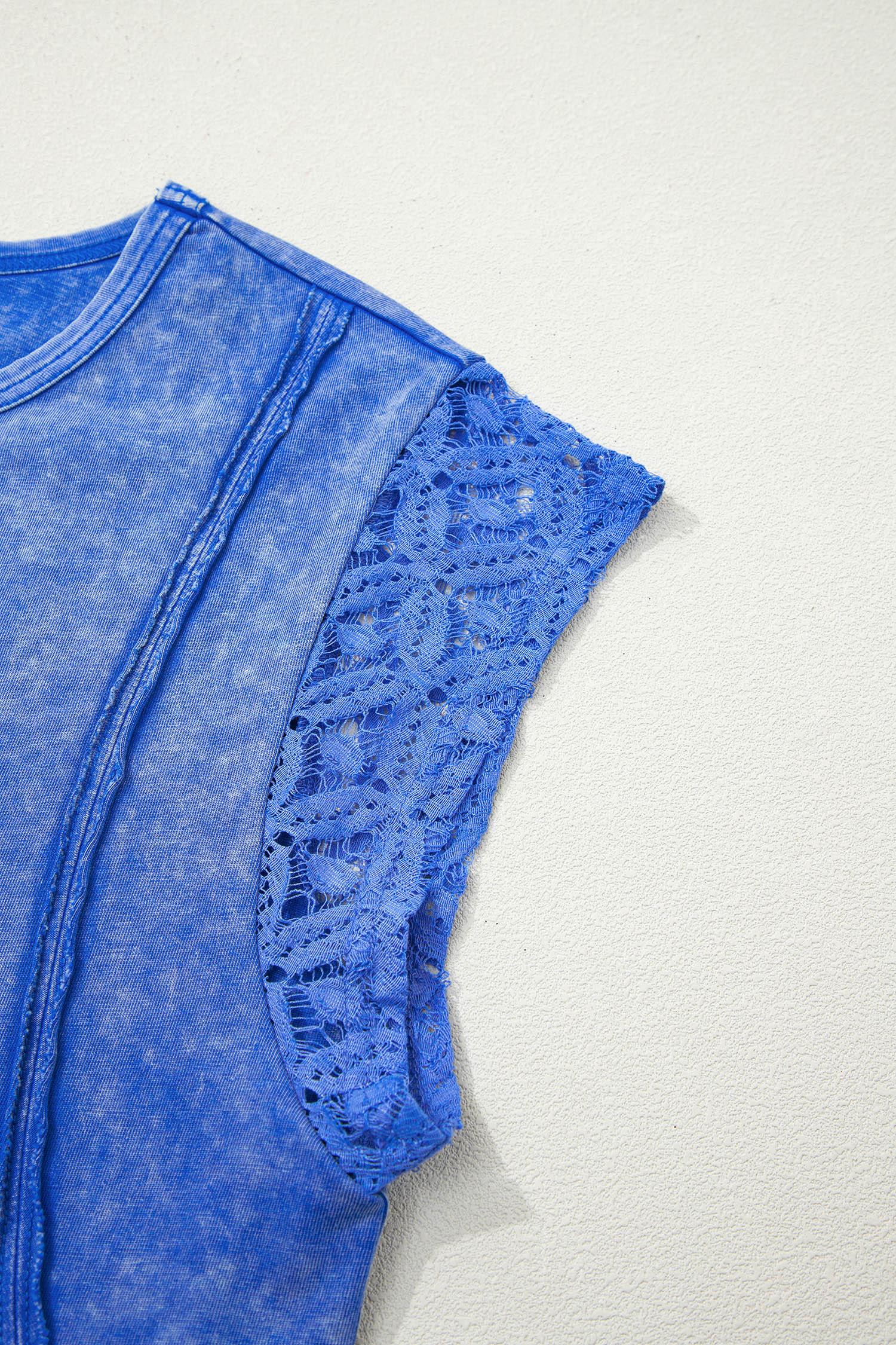 Vintage Style Sky Blue Mineral Wash Tee for Women – Lace Patchwork Short Sleeve Cotton Top - Detail View 11
