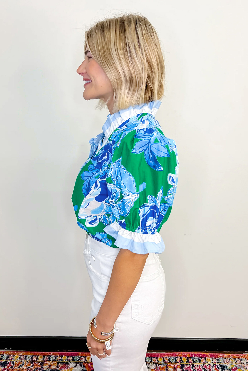 Stylish and Elegant Women's Summer Top - Short Sleeve Floral Blouse in Bright Green - Detail View 3