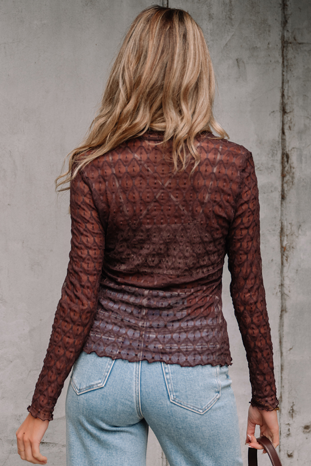Elegant Slim Fit Coffee Mesh Top with Unique Pattern and Feminine Details - Detail View 2