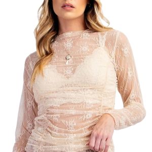 Women's Sheer Floral Mesh Top – High Neck Ruched Long Sleeve Western Style Blouse for Night Out - Main View