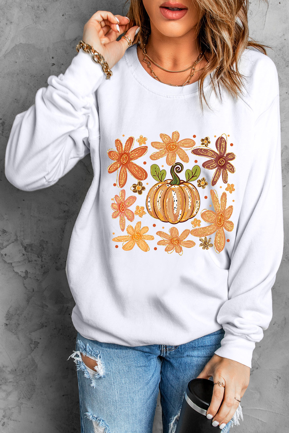 Women's Cozy White Flower Pumpkin Printed Cotton Blend Sweatshirt - Detail View 9