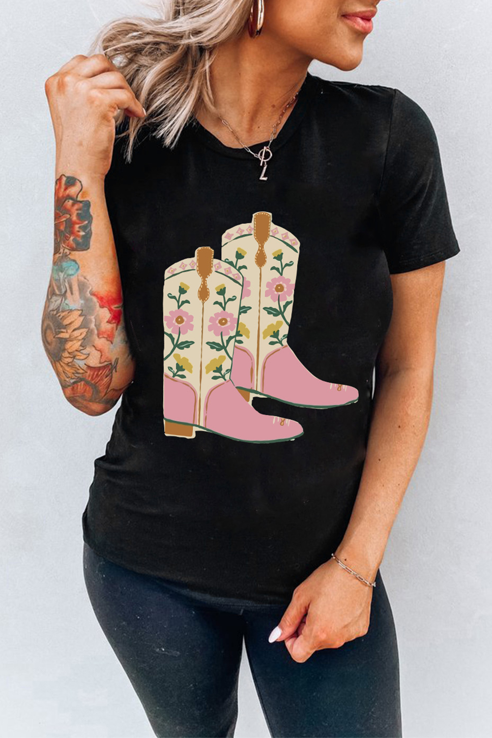 Trendy Women's Black T-Shirt with Floral Cowgirl Boots Print - Perfect for Summer - Detail View 6