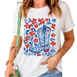 Women's White Floral Western Boots Graphic T-Shirt - Casual & Stylish - Main View