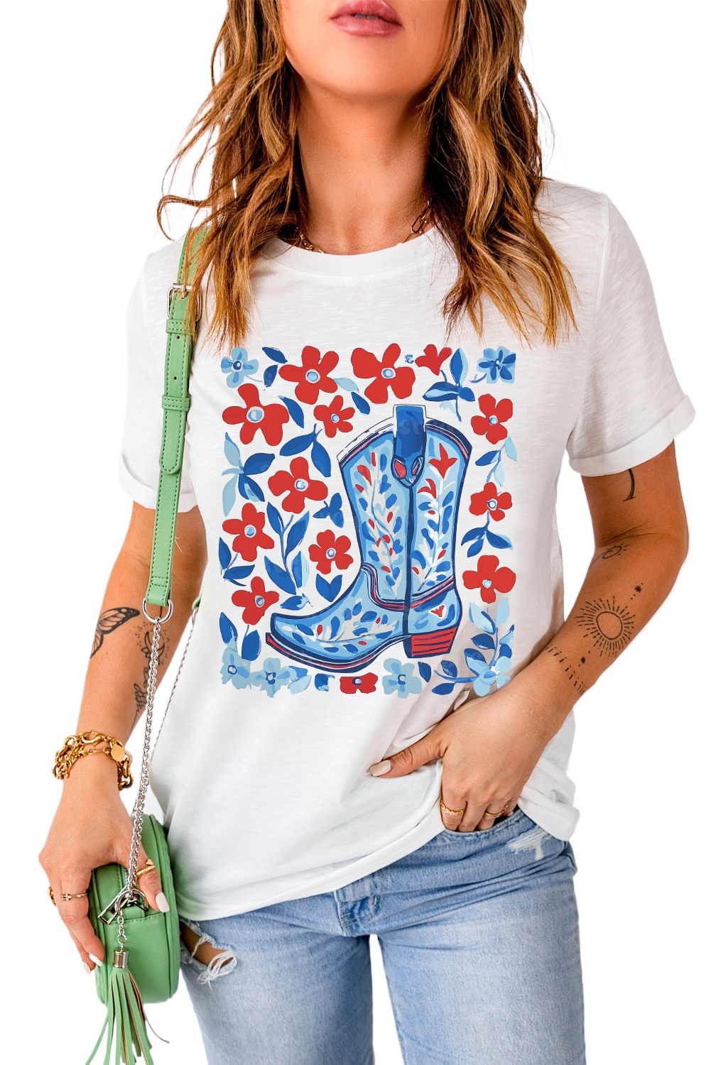 Women's White Floral Western Boots Graphic T-Shirt - Casual & Stylish - Main View