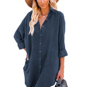 Women's Blue Corduroy Shirt Style Full Button Long Sleeve Mini Dress - Main View