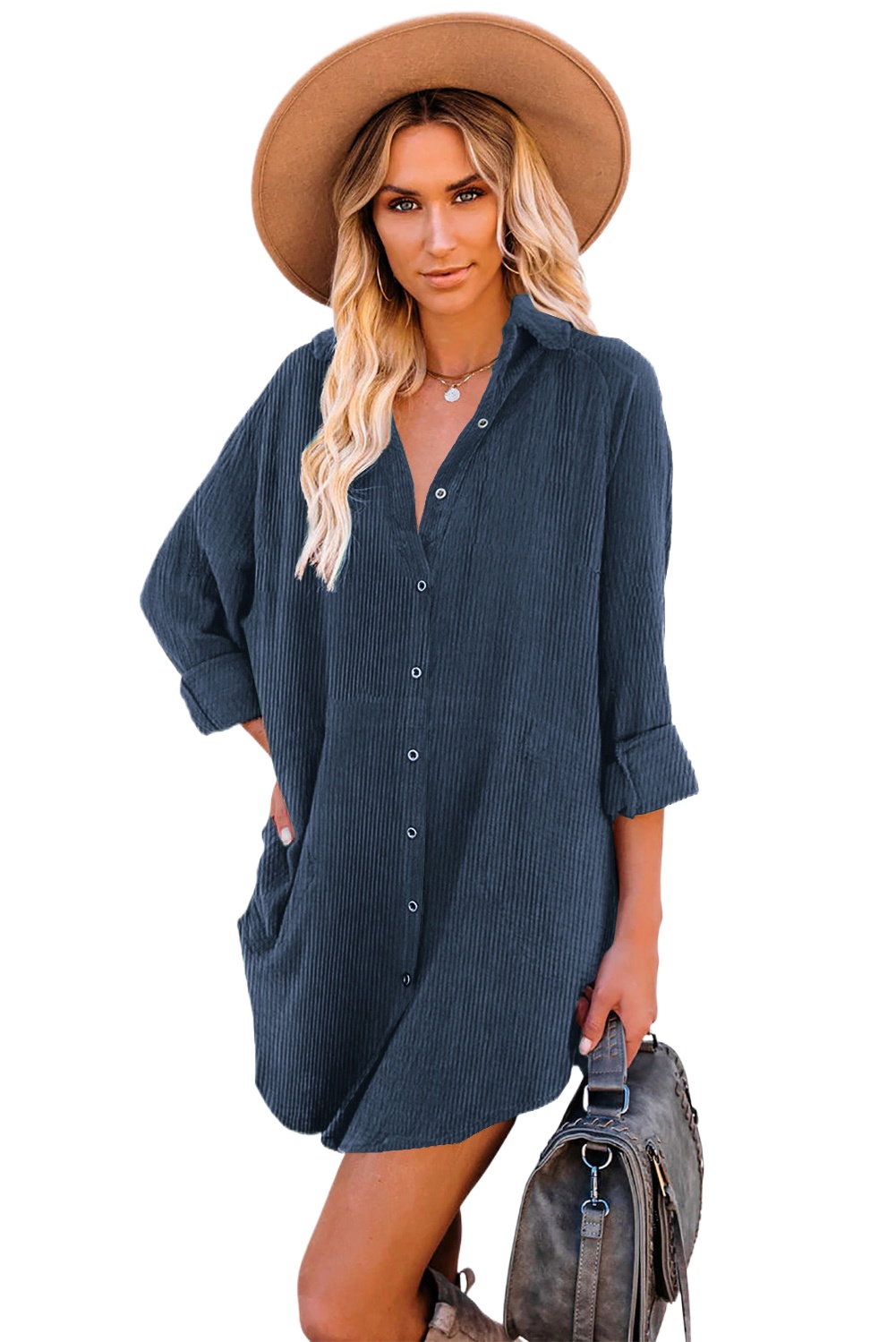 Women's Blue Corduroy Shirt Style Full Button Long Sleeve Mini Dress - Main View