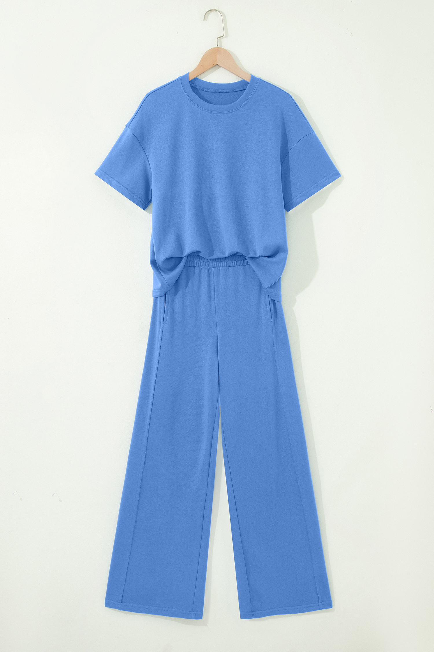 Women's Solid Sky Blue Two-Piece Set – Relaxed Fit Tee and High Waist Pocketed Pants, Summer Gift for Her - Detail View 3