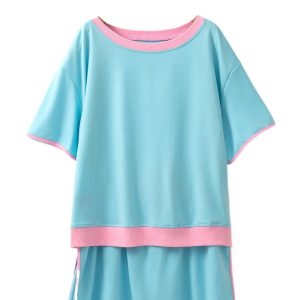 Women's Plus Size Turquoise Contrast Trim T-Shirt and Mini Skirt Two-Piece Set - Main View