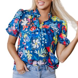 Women's Blue Floral Print V Neck Collared Puff Short Sleeve Blouse - Main View