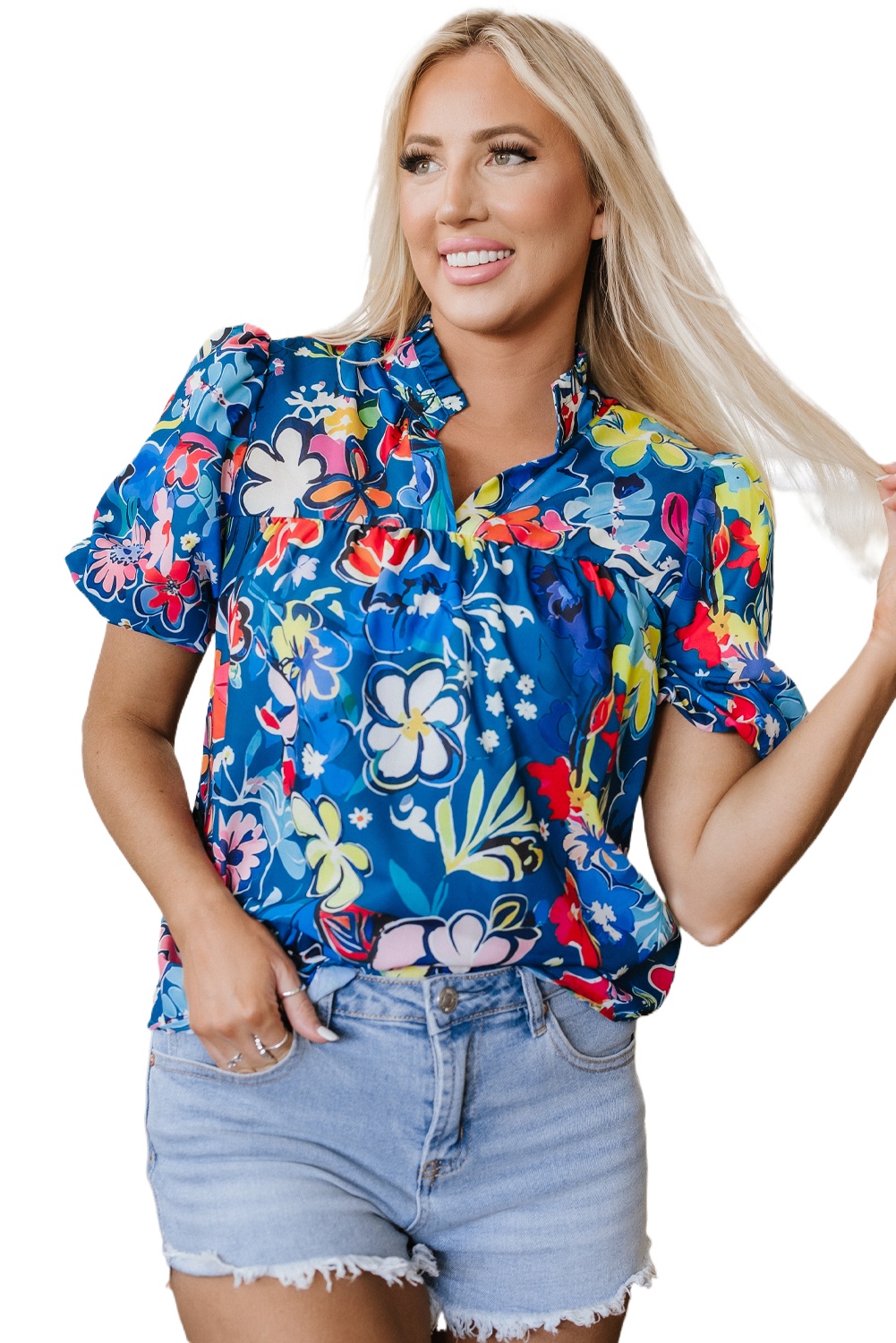 Women's Blue Floral Print V Neck Collared Puff Short Sleeve Blouse - Main View