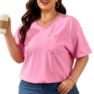 Plus Size Women's Sachet Pink V-Neck Tee – 100% Cotton Short Sleeve Washed Casual T-Shirt for Summer - Main View
