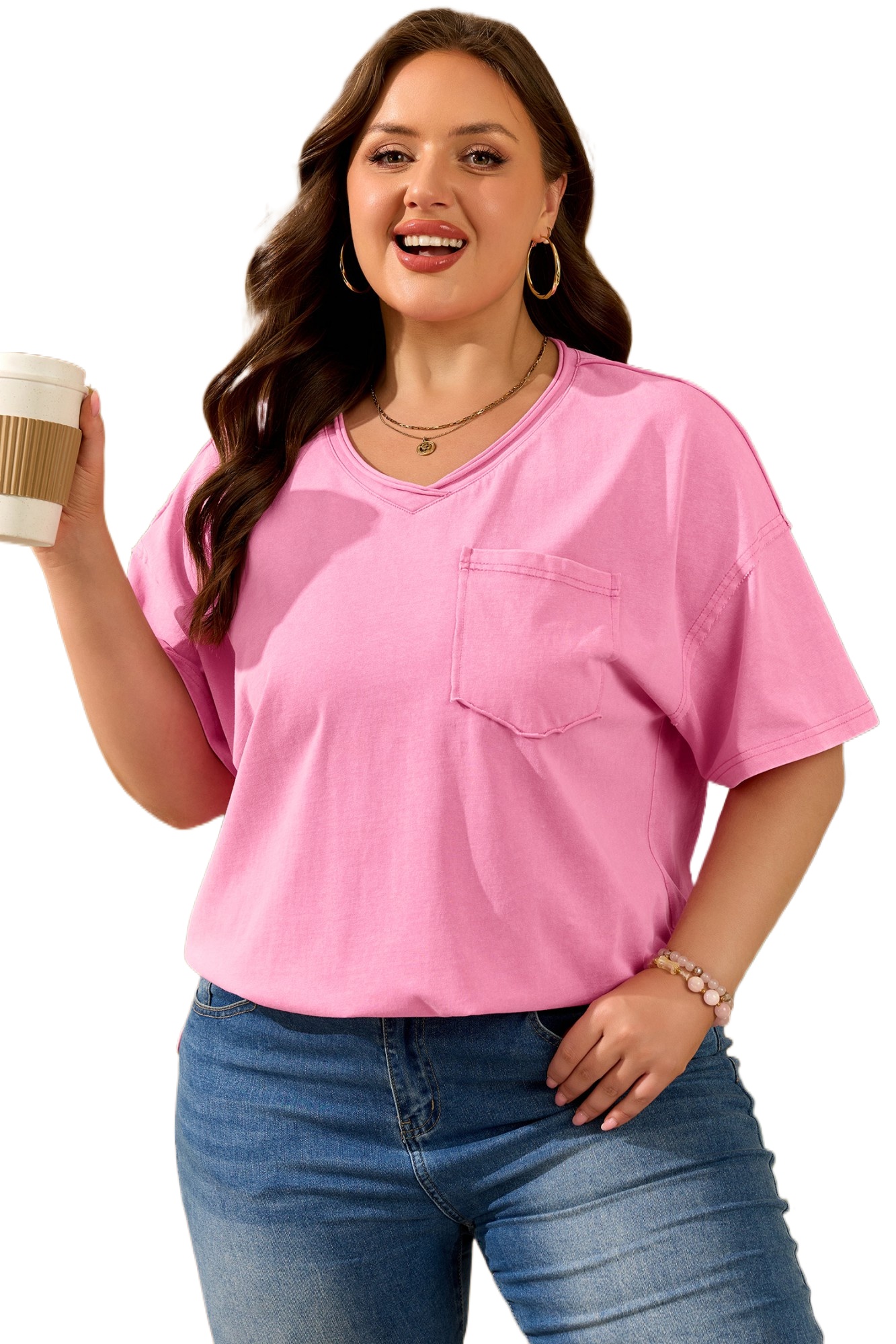 Plus Size Women's Sachet Pink V-Neck Tee – 100% Cotton Short Sleeve Washed Casual T-Shirt for Summer - Main View