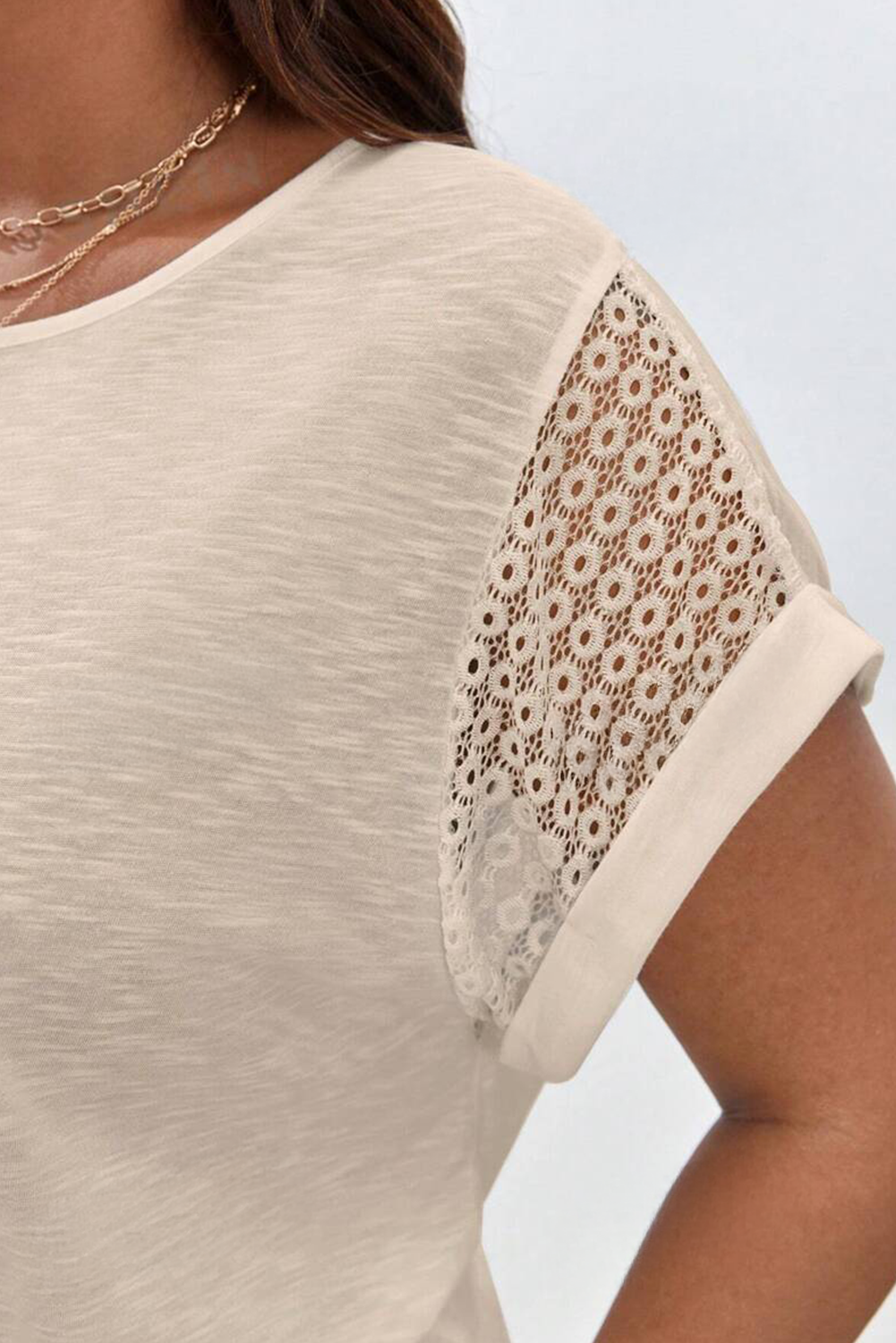 Trendy Parchment Color Short Sleeve T-Shirt - Flattering Round Neck Design for Curvy Women - Detail View 7