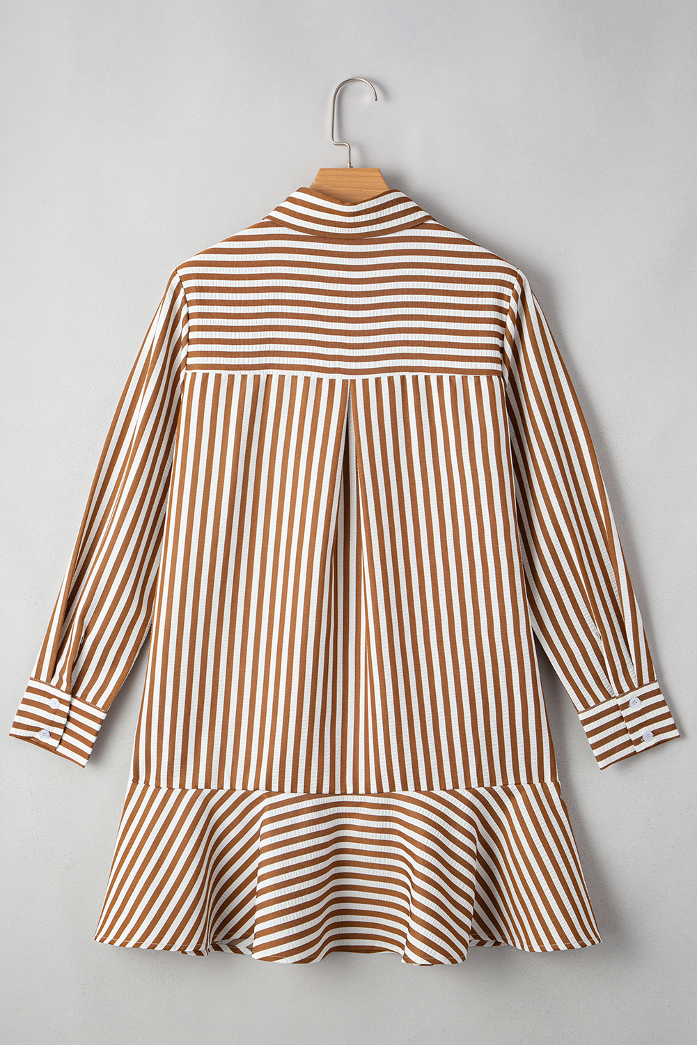 Fashionable Brown Stripe Mini Dress with Ruffled Hem and Long Sleeves for Daily Wear - Detail View 6