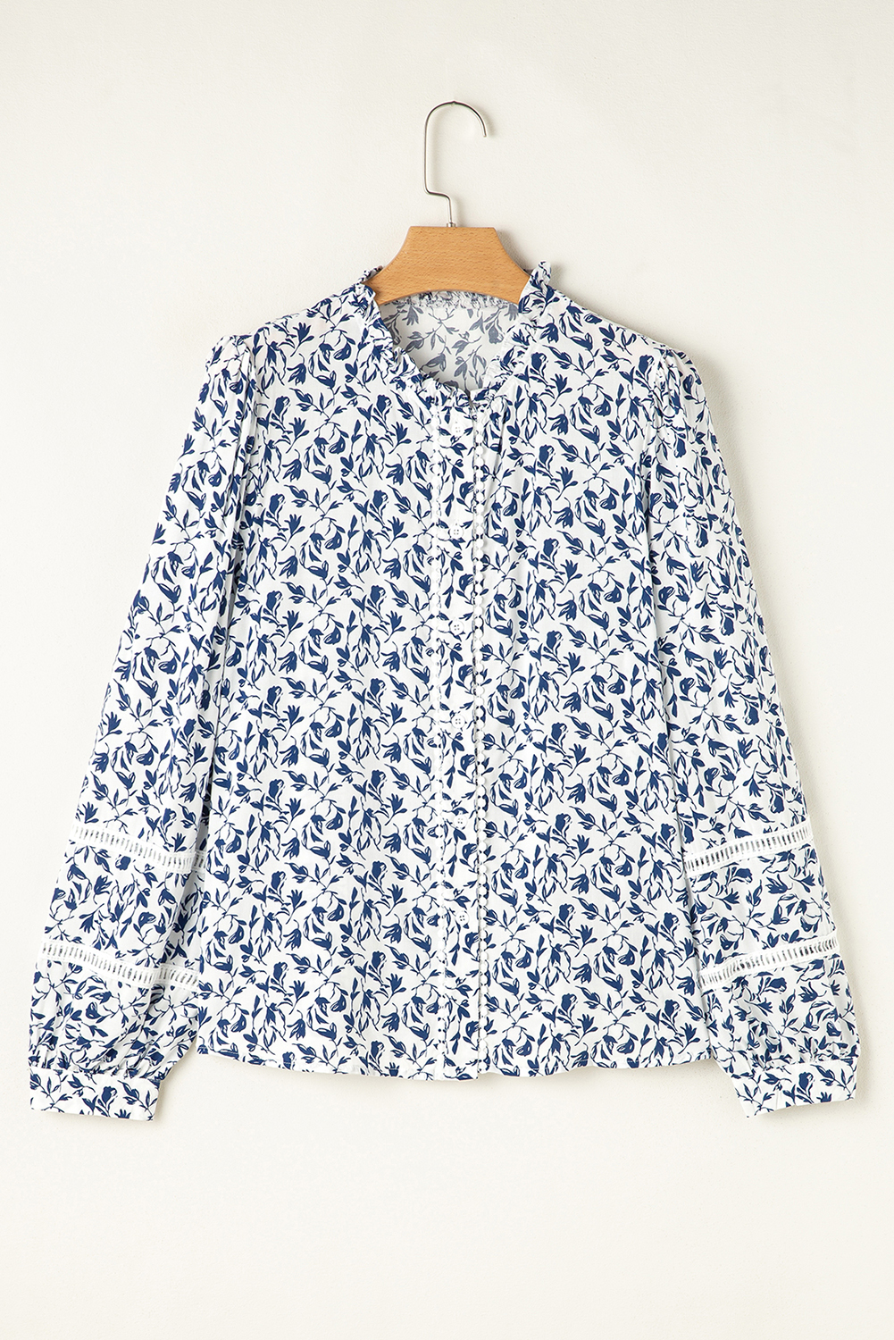 Women's Blue Printed Floral Blouse with Lace Detail and Puff Sleeves - Detail View 5